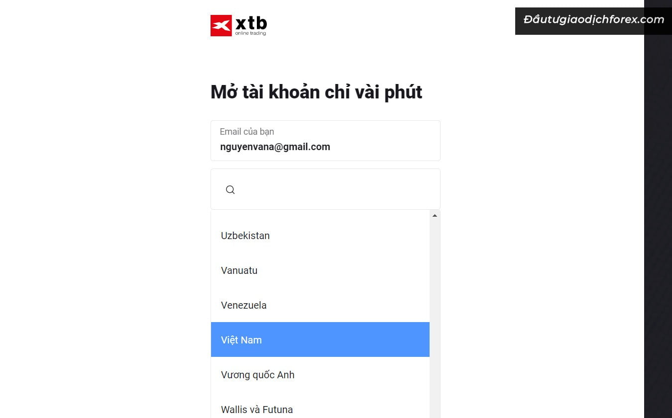 Nhập Email, chọn quốc gia để đăng ký mở tài khoản XTB